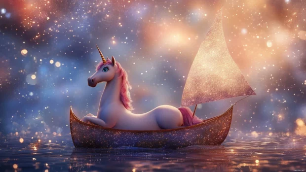 Unicorn floating on a dream boat with glitter sails in this animated High Resolution Unicorn Wallpaper.