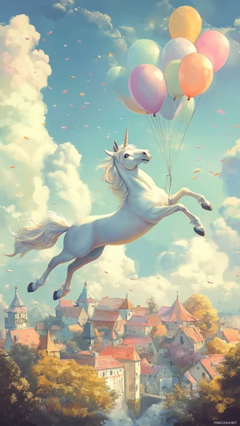Unicorn floating with balloons over a pastel village.