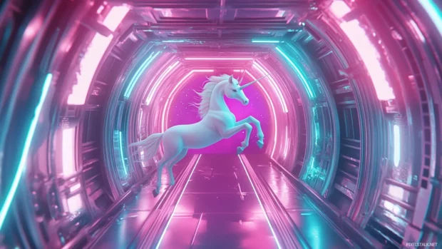Unicorn floats in zero gravity inside a neon lit dome.