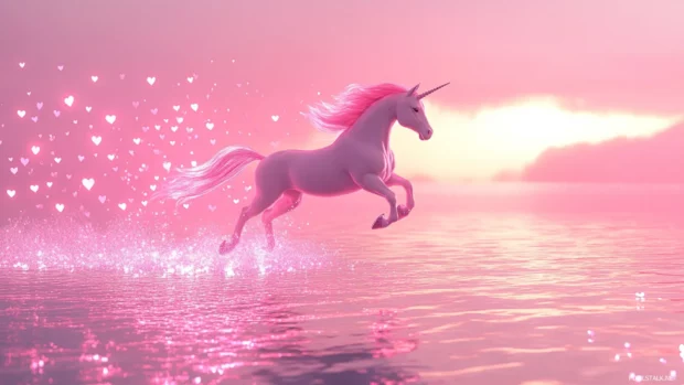 Unicorn flying across a pastel pink lake glowing with hearts.