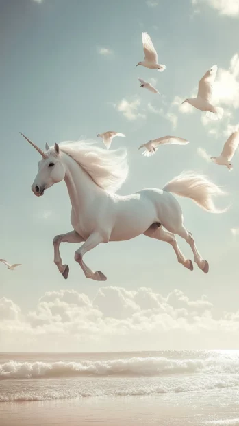Unicorn flying alongside birds through the morning sky.