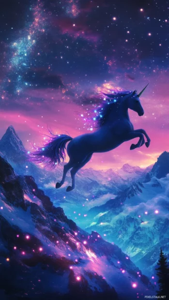 Unicorn flying over mountains lit by pastel glowworms.