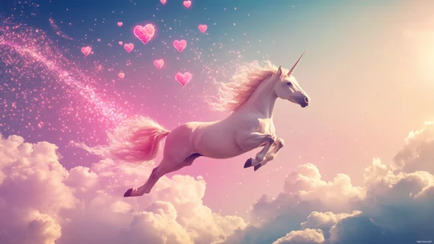 Unicorn flying through heart shaped clouds with sparkles trailing.