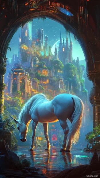 Unicorn framed by glowing arches in a fantasy city.