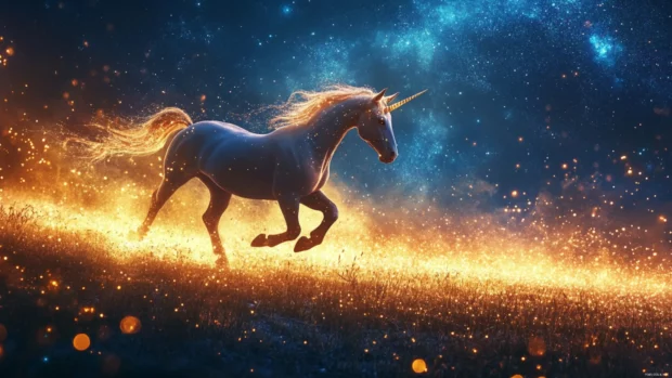 Unicorn galloping across a starry meadow glowing with glitter.