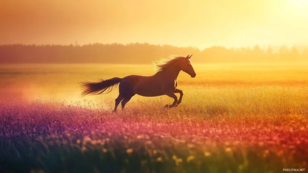 Unicorn galloping through rainbow fields in a vibrant Unicorn Wallpaper scene.