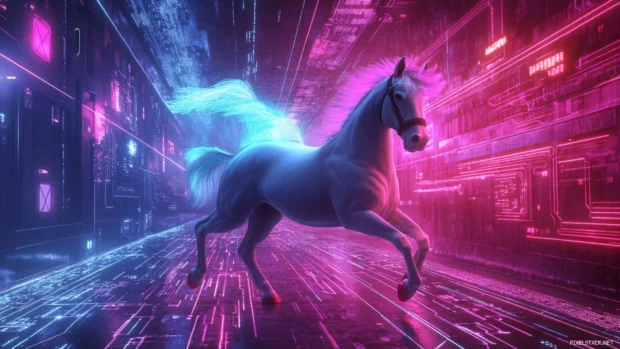 Unicorn galloping through streets paved in glowing circuitry.