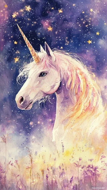 Unicorn gazing at falling stars in a soft watercolor night.