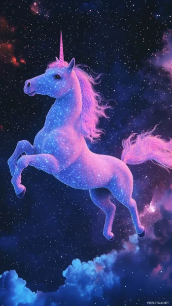 Unicorn glides through neon night sky full of pixel stars.