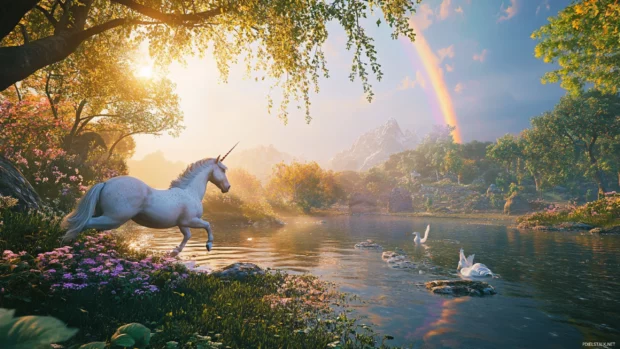 Unicorn gliding across a tranquil stream where a rainbow arches in the background.