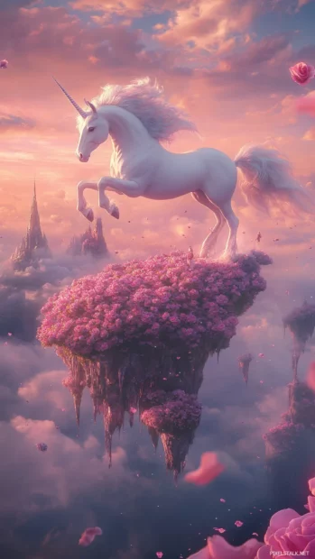 Unicorn gliding past floating islands covered in roses.