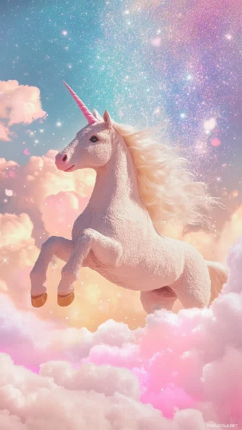 Unicorn glitter wallpaper for with the unicorn floating above candy clouds.