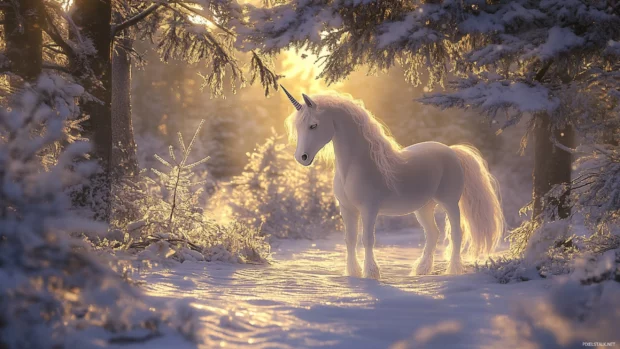 Unicorn glows softly in a snowy clearing surrounded by pine.