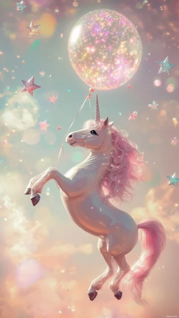 Unicorn holding a balloon of stars in this Cute pastel unicorn wallpaper aesthetic.