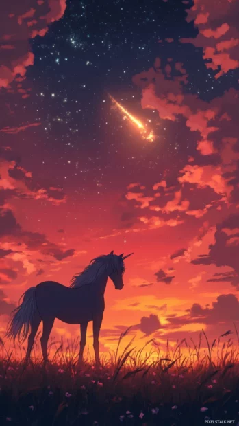 Unicorn iPhone wallpaper featuring a silver maned unicorn under a glowing sky.