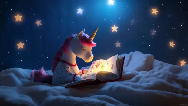 Unicorn in pajamas reading a glowing storybook with stars above.