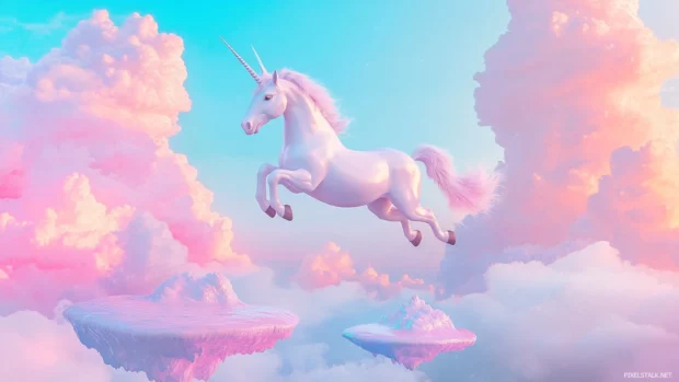 Unicorn jumping between floating pastel islands in the sky.