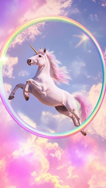 Unicorn jumping through rainbow hoops in the sky.