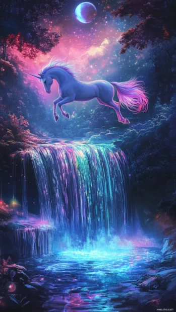 Unicorn leaping over neon waterfalls.