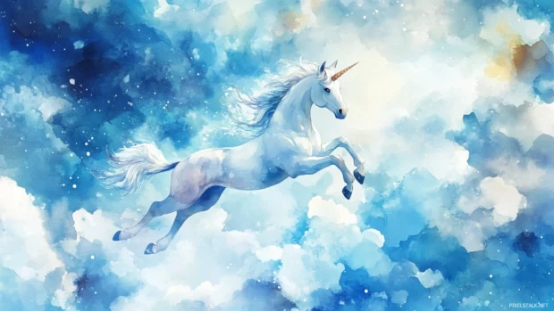 Unicorn leaping through a sky of clouds painted with gentle watercolor strokes.