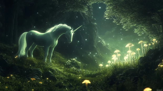 Unicorn lit by glowing mushrooms in a hidden valley at night.