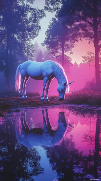 Unicorn looking at its reflection in a glowing lake.