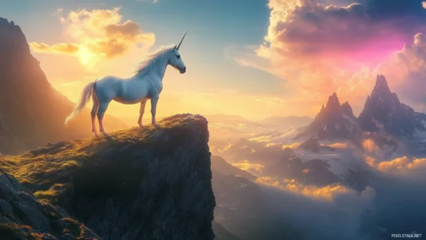 Unicorn looking into the distance from a mountaintop in this Unicorn Wallpaper.