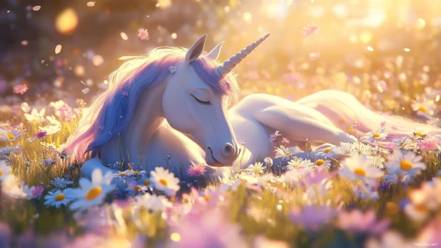 Unicorn lying in a field of pastel daisies under soft sunlight.