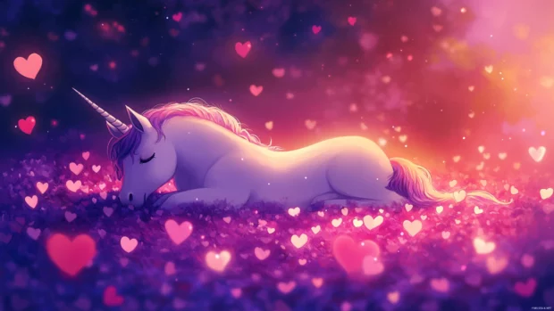 Unicorn lying on a glowing hill of hearts, perfect as a Pastel Cute Unicorn Wallpaper Aesthetic.