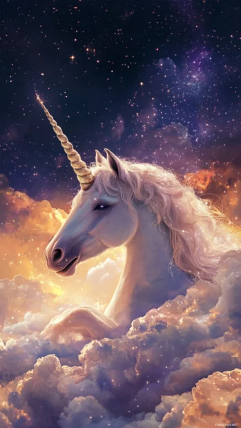 Unicorn nestled in glittery clouds watching stars fall.