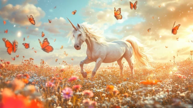 Unicorn plays with butterflies in a radiant meadow full of warm colors.