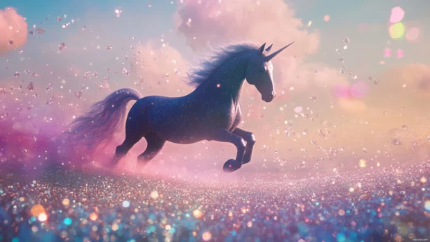 Unicorn prancing through a valley of floating crystal glitter.