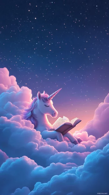 Unicorn reading bedtime stories to baby clouds.