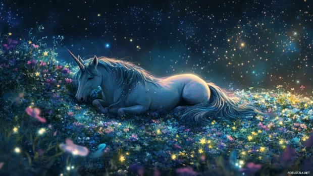 Unicorn resting beneath a floating garden of stars.