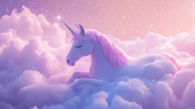 Unicorn resting beside pastel clouds with stars above, a dreamy Cartoon unicorn background aesthetic.