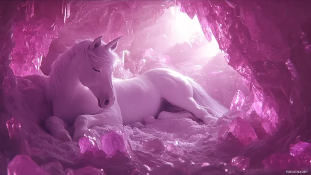 Unicorn resting near a pink crystal cave bathed in soft light.