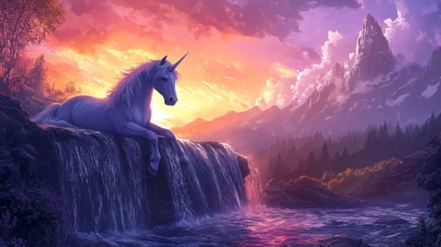 Unicorn resting near a waterfall under a watercolor sunset sky.