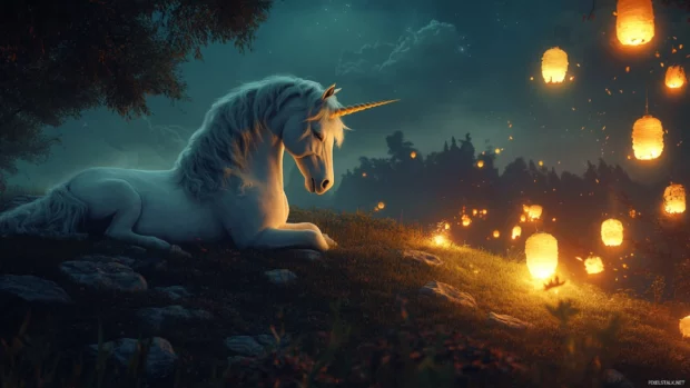 Unicorn resting on a hill lit by glowing lanterns.