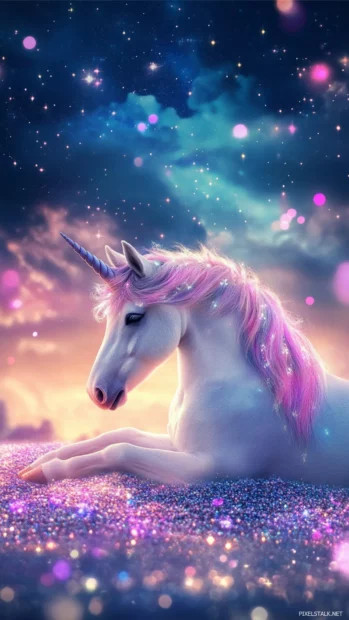 Unicorn resting under a glittery night sky in this dreamy unicorn wallpaper.