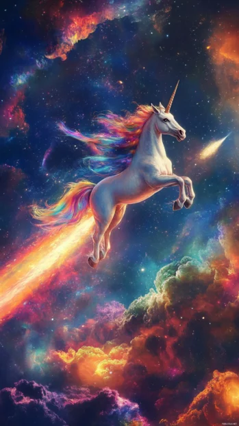 Unicorn riding a comet through colorful outer space.