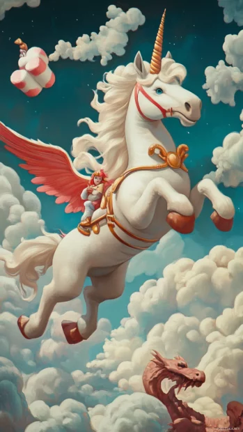 Unicorn riding a flying marshmallow dragon.