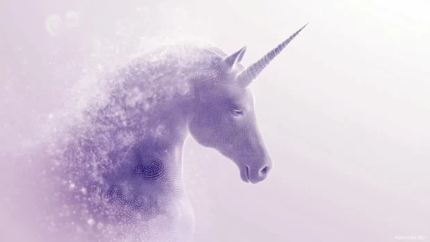 Unicorn shape forming from dots over pale lavender.