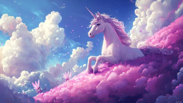 Unicorn sipping tea with fairies on a cotton candy hill.