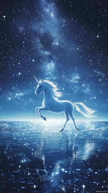 Unicorn skating across a shimmering starlit lake.