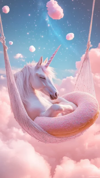 Unicorn sleeping in a donut hammock under cotton candy sky.