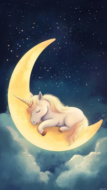 Unicorn sleeping on a crescent moon in a dark pastel night sky.