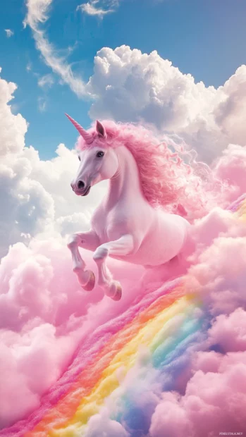 Unicorn sliding down a curved rainbow over cotton candy clouds.