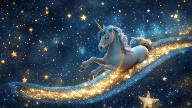 Unicorn sliding down a glitter slide into a pool of stars.