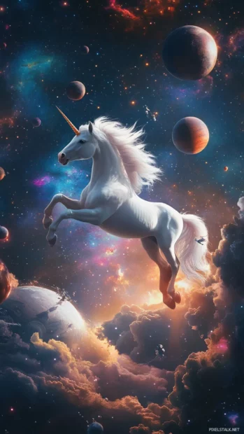 Unicorn spinning among floating planets in space.