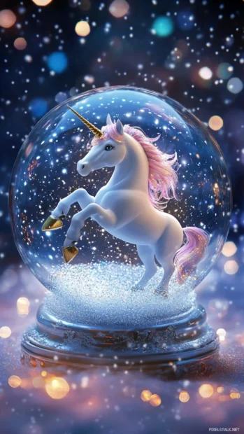 Unicorn spinning inside a sparkling snow globe world.